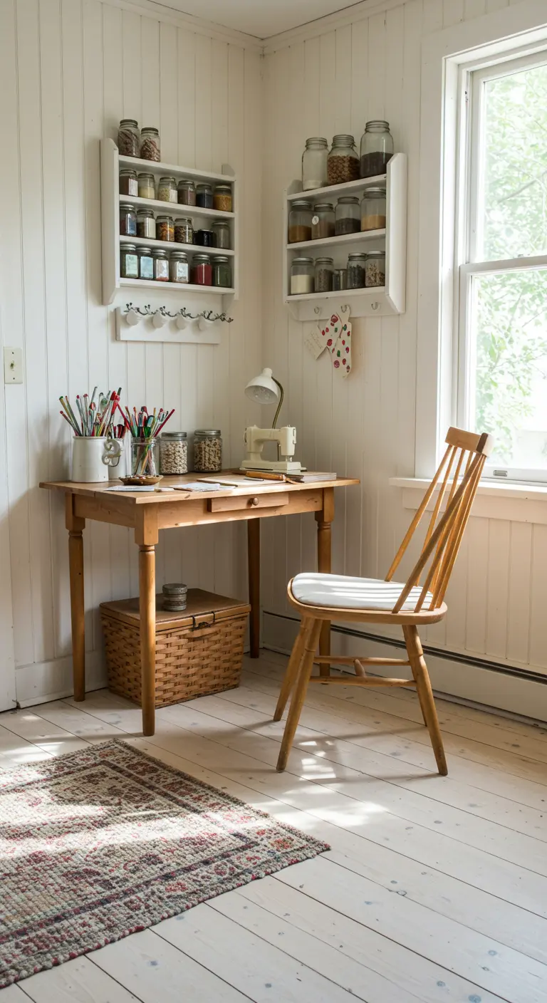 Landelijke knutselhoek met houten tafel, stoel, wandplanken met potten en een naaimachine.