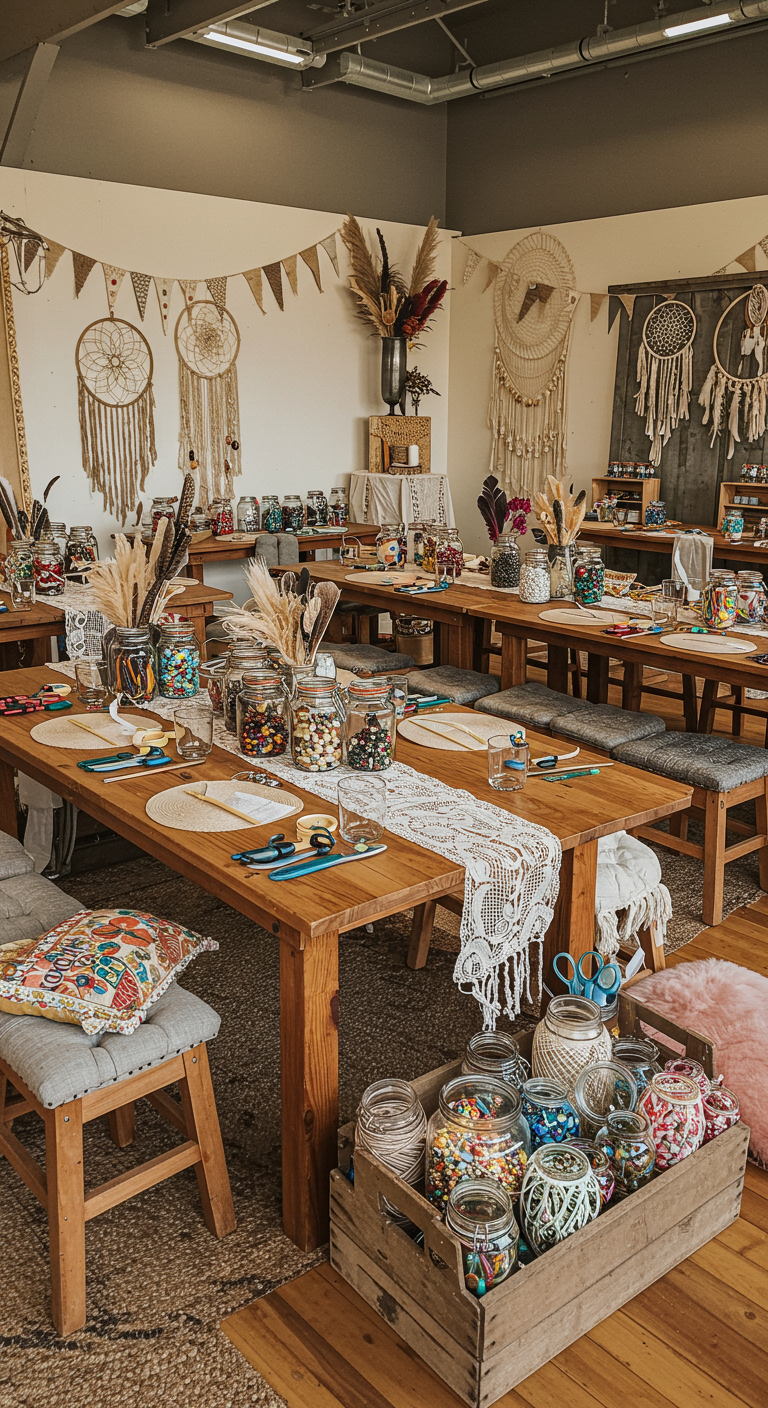 Boho workshop setting met lange tafels, dromenvangers en knutselmaterialen.