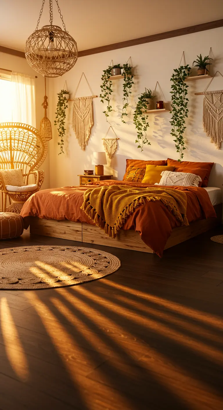 Bohemian slaapkamer met terracotta beddengoed, hangplanten, macramé en een rotan stoel.