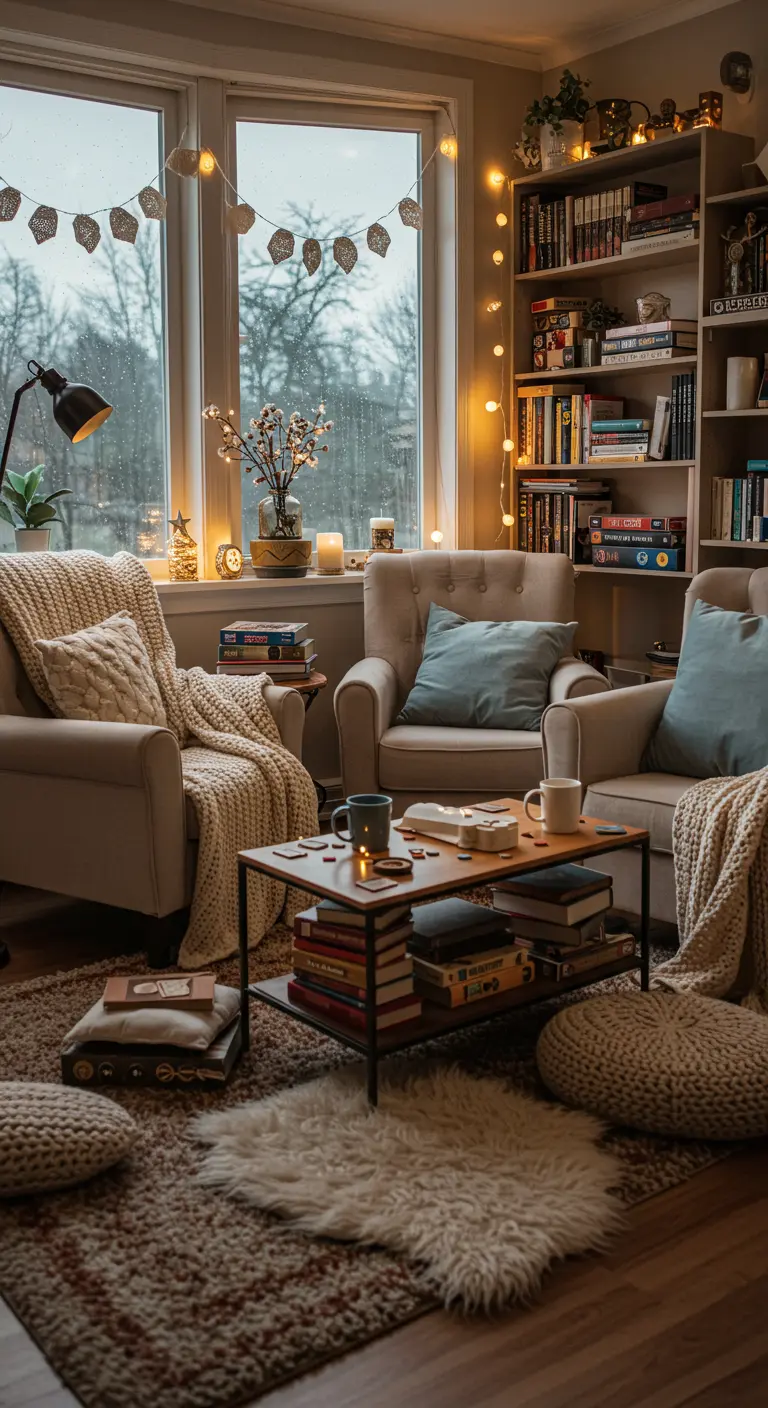 Gezellige woonkamer met fauteuils, boeken, en warme verlichting op een regenachtige dag.