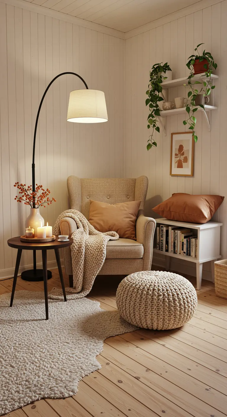 Gezellige Scandinavische leeshoek met fauteuil, plaid, poef en booglamp.