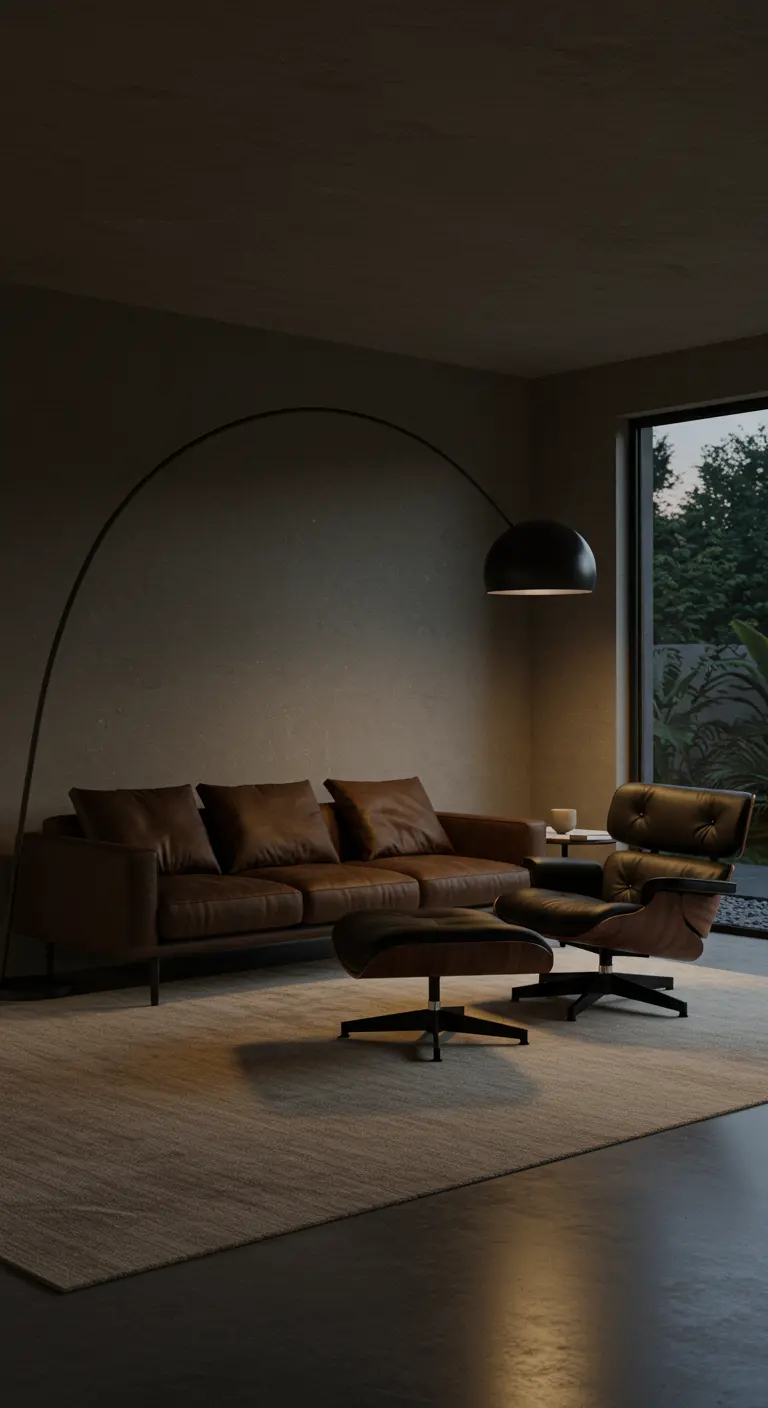 Minimalistische donkere woonkamer met een bruine leren bank en een grote zwarte booglamp.