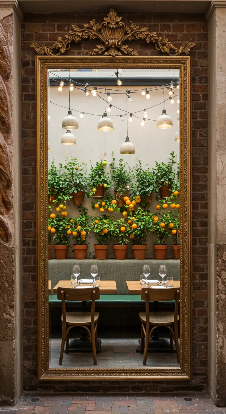 Grote spiegel in gouden lijst reflecteert zithoek met citrusplanten en lichtsnoer.
