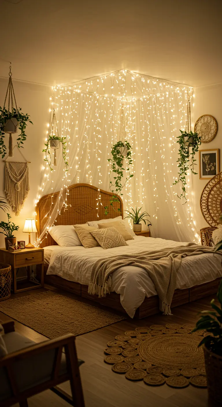Boho slaapkamer met een waterval van warme lichtjes achter het rotan bed en veel planten.