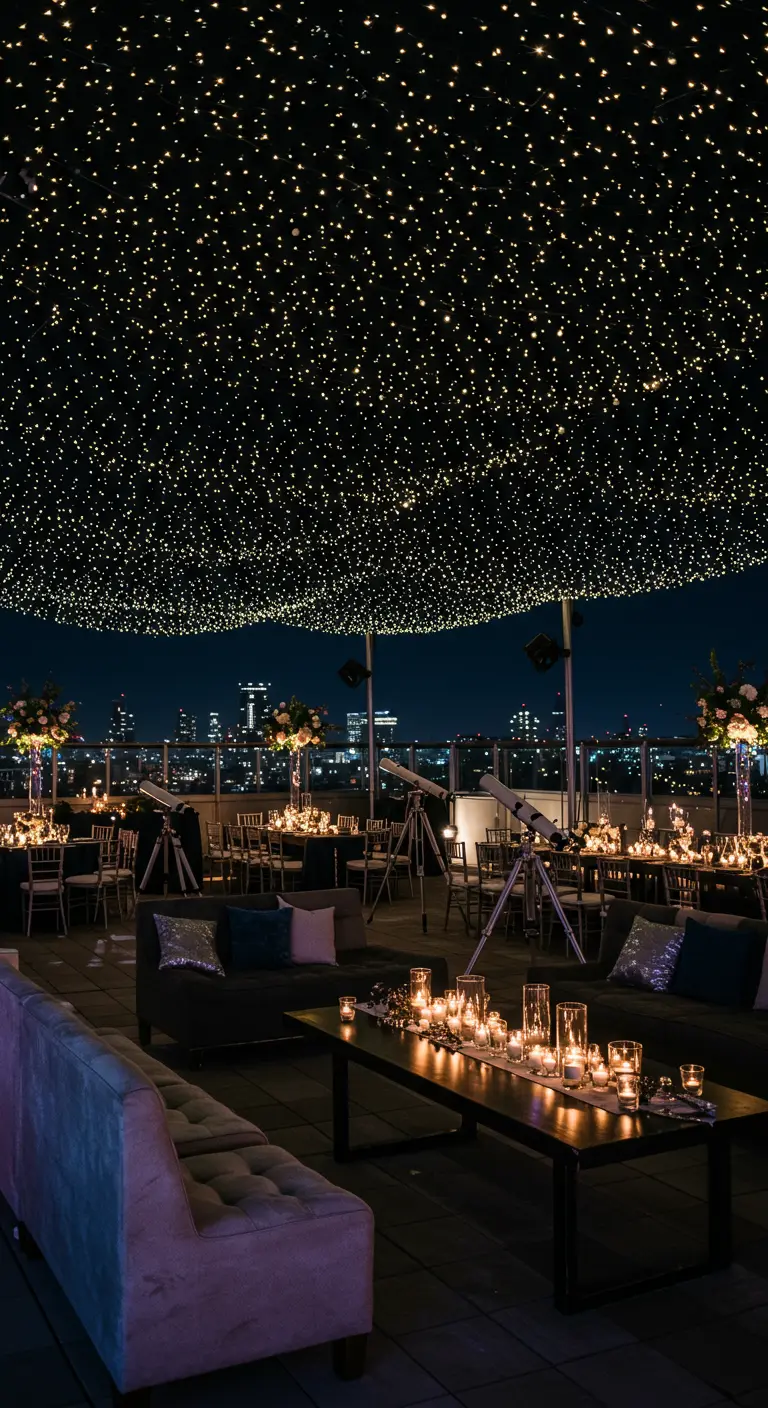 Dakterras bruiloftsreceptie met duizenden lichtjes als sterrenhemel.