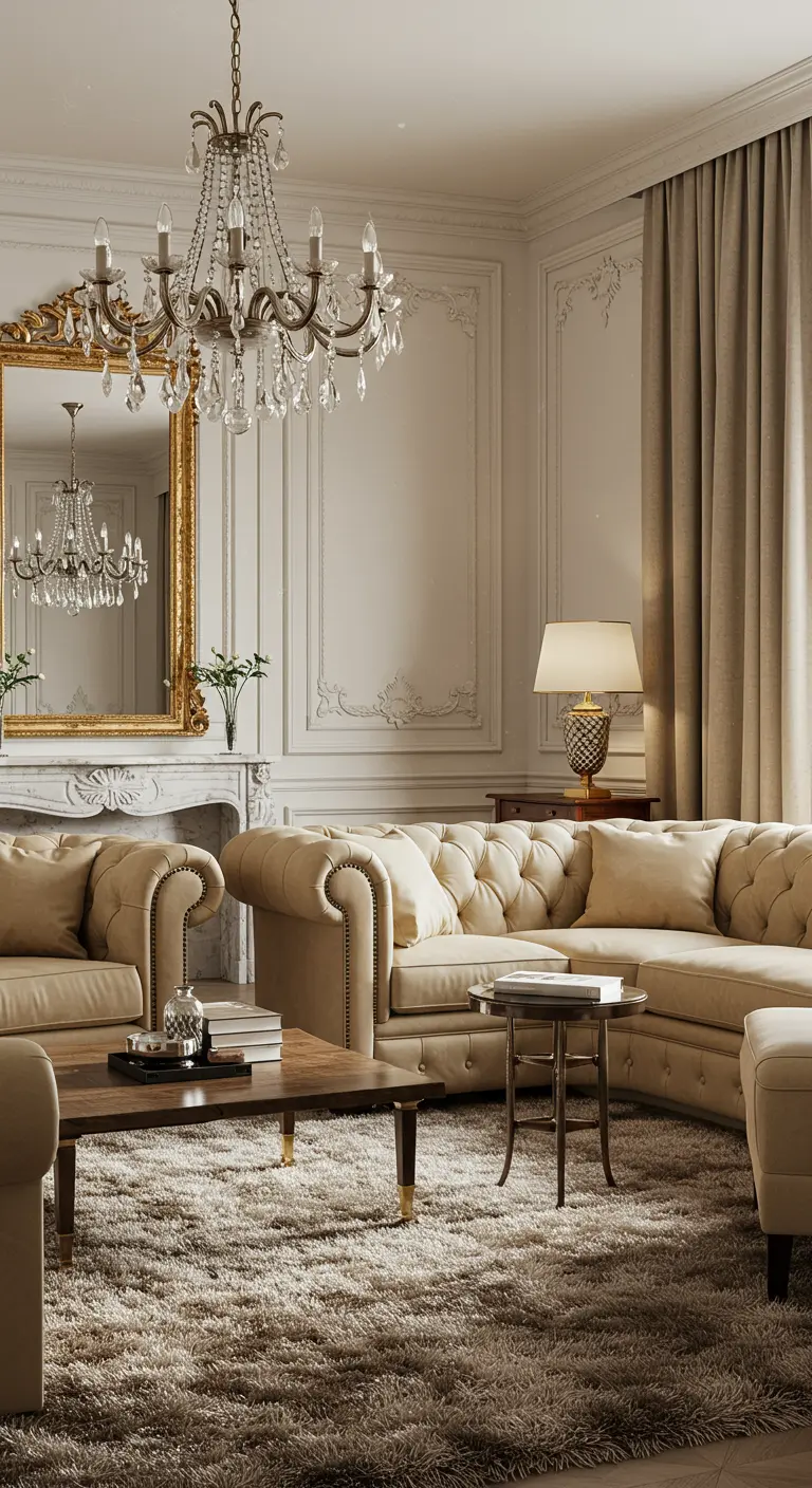 Elegante woonkamer in crème, beige en zandtinten met klassieke meubels en kroonluchter.