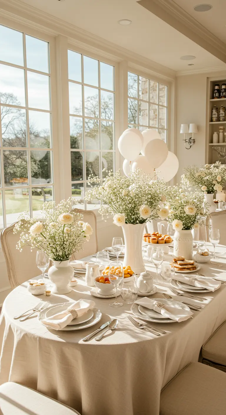 Licht overgoten eettafel in crèmekleuren met witte bloemen en ballonnen.