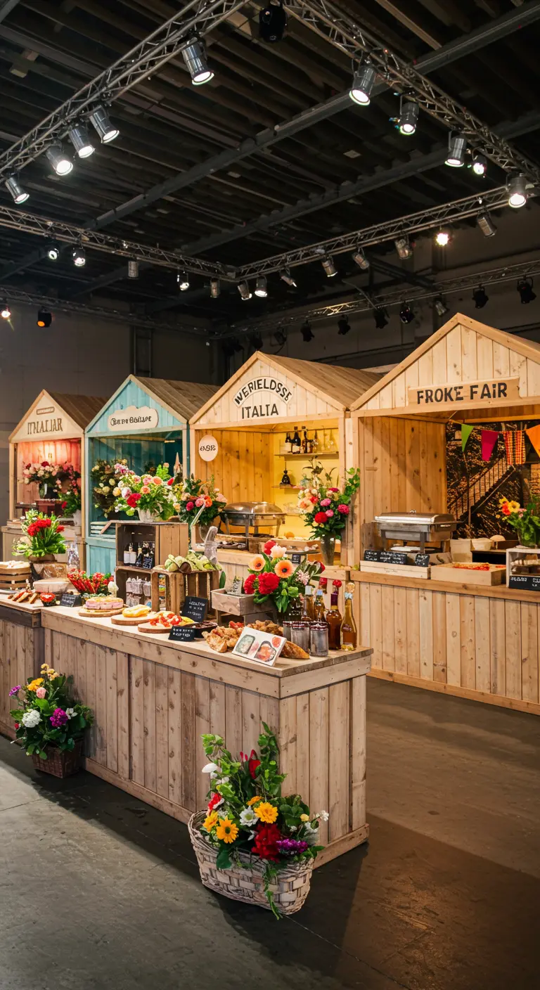 Food market opstelling met houten kraampjes die verschillende soorten eten aanbieden, versierd met bloemen.