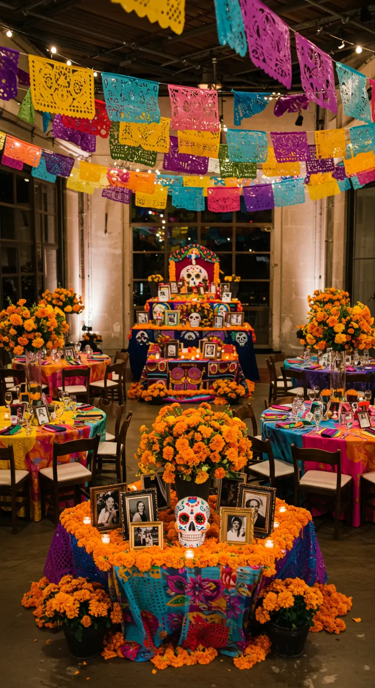 Kleurrijke bruiloftsreceptie geïnspireerd op Dia de Muertos, met oranje bloemen, foto's en schedels.