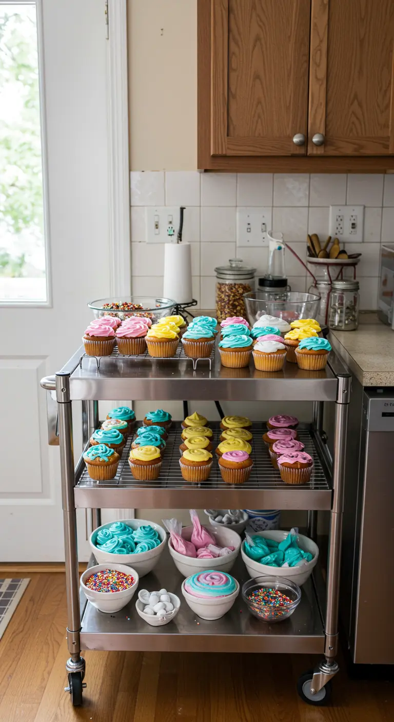 RVS keukentrolley met vrolijk versierde cupcakes en schaaltjes met decoratiemateriaal.