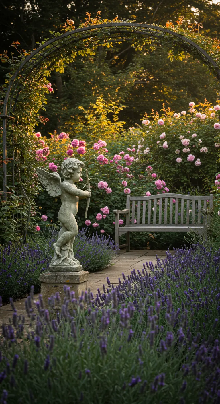 Romantische tuin met een stenen Cupido-beeld, omringd door roze rozen en paarse lavendel.