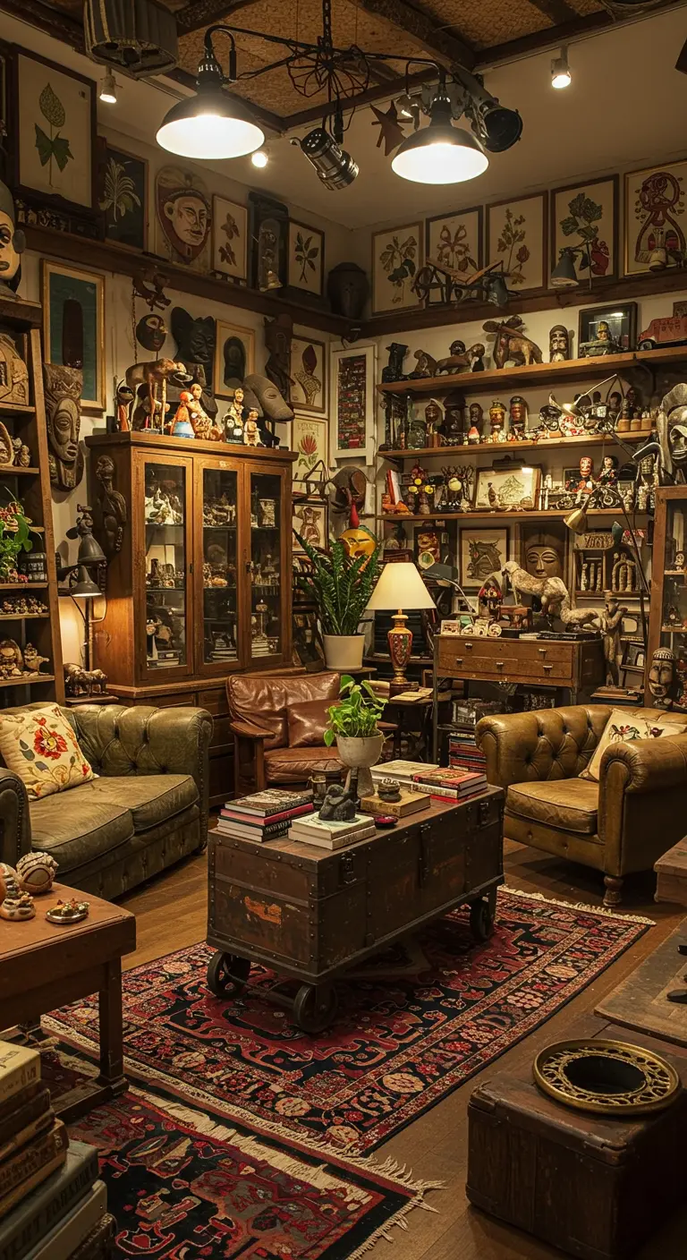 Eclectische boho woonkamer als een curiosa kabinet met verzamelingen en vintage meubels.