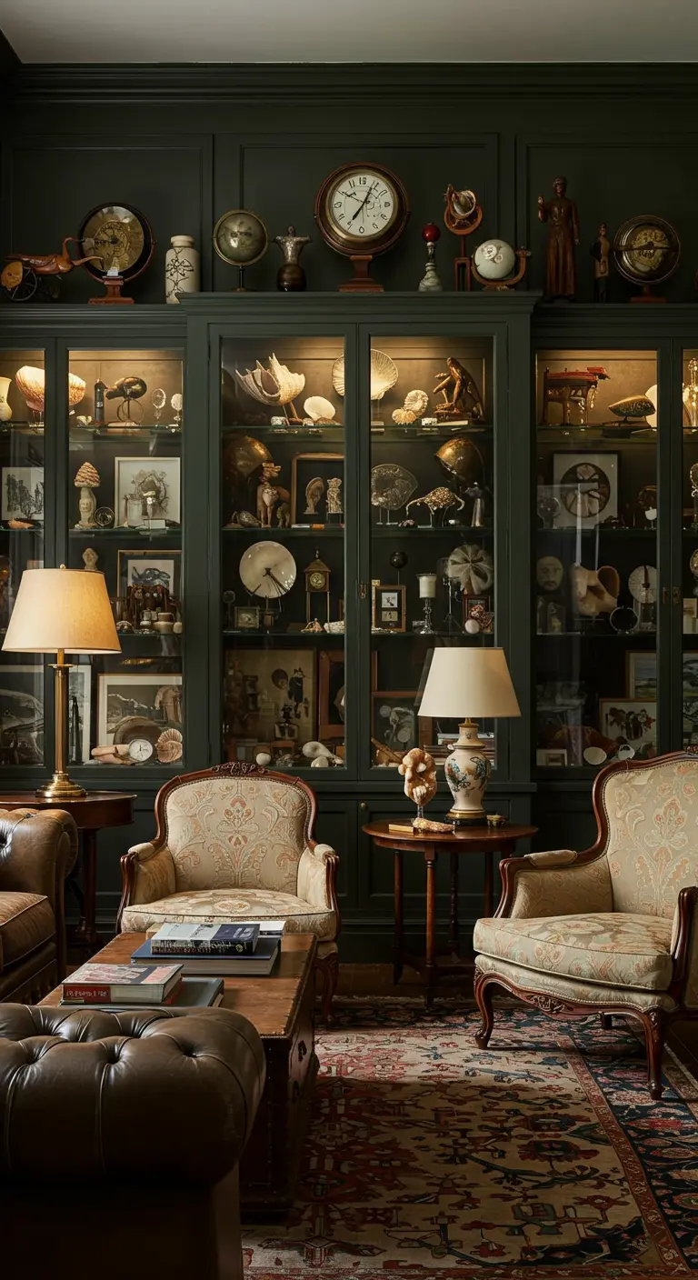 Woonkamer als curiositeitenkabinet met donkere vitrinekasten vol objecten en klassieke fauteuils.