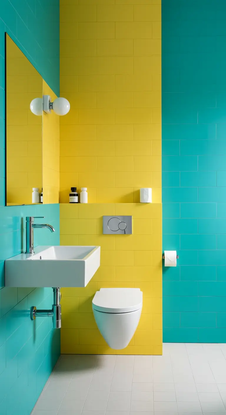 Moderne badkamer met kleurblokken van cyaanblauwe en citroengele tegels, en wit sanitair.