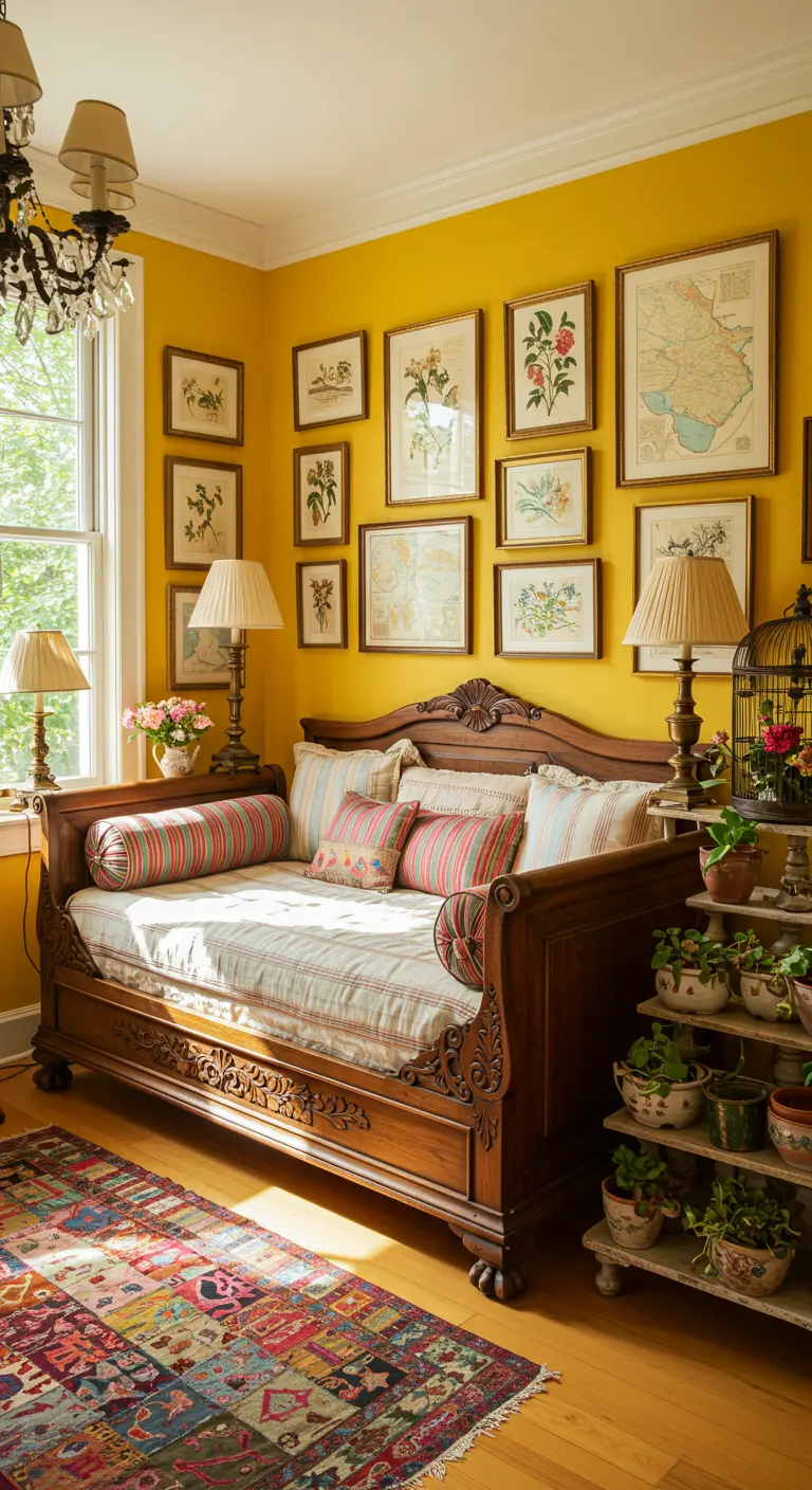 Gele kamer met klassiek dagbed, galerie van botanische prints en antieke meubels.