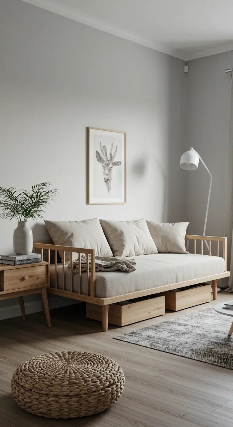 Licht houten daybed met beige bekleding en twee grote opberglades eronder.