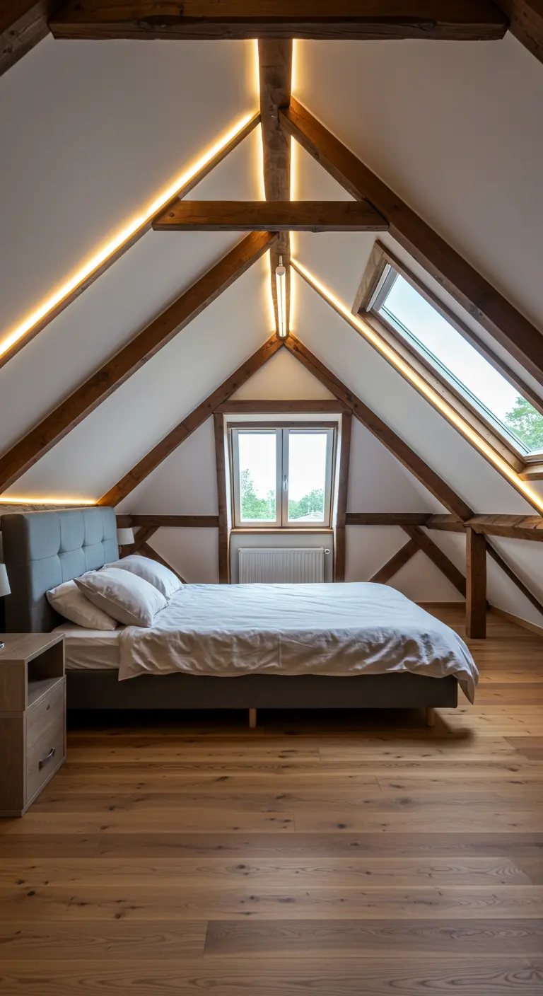 Zolderkamer met LED-strips langs houten balken en schuine daklijnen.