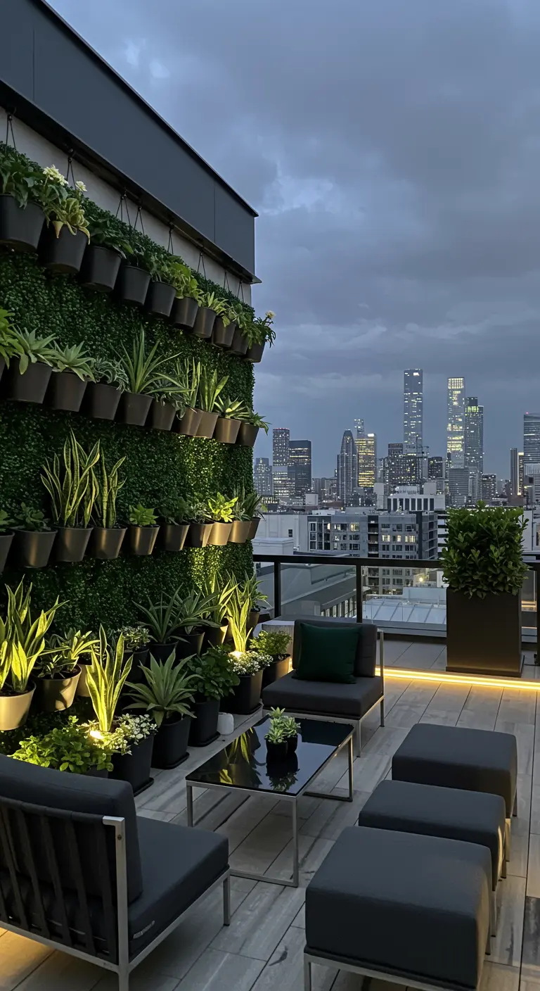 Stijlvol dakterras met een hoge groene plantenmuur, donkere loungeset en uitzicht op een stadsskyline bij avond.