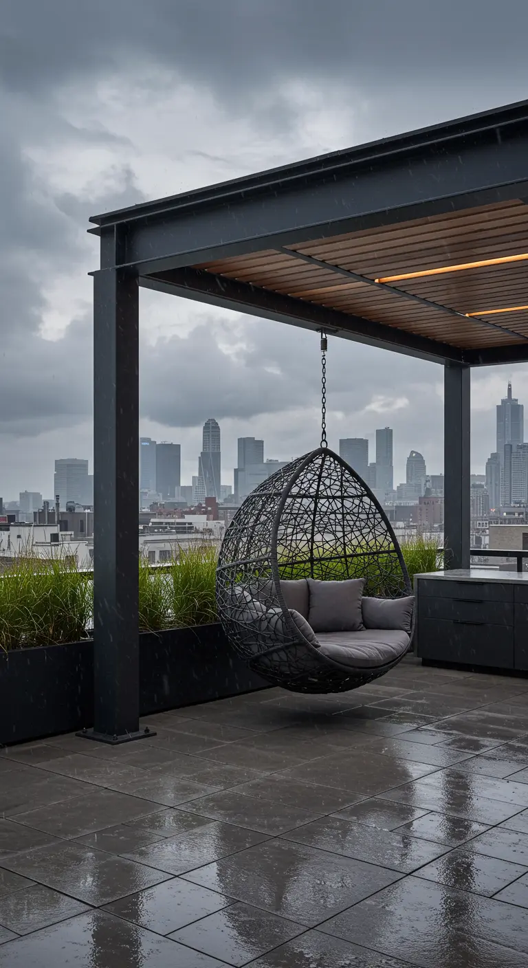 Zwarte design hangstoel met grijze kussens onder een metalen overkapping op een dakterras met stadszicht.