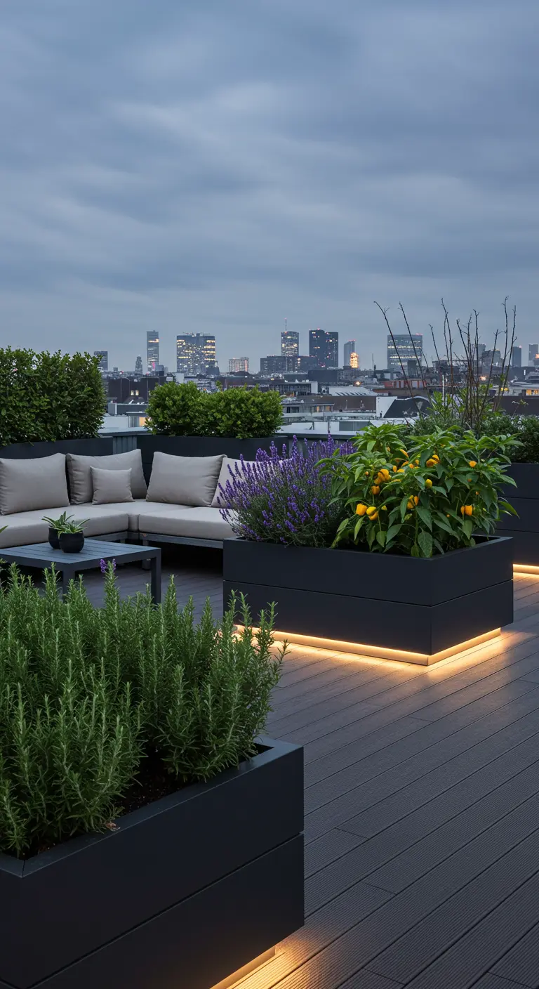Modern dakterras met loungebank en strakke plantenbakken met kruiden, lavendel en pepers.