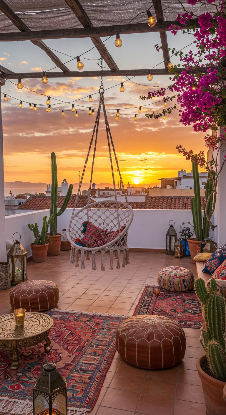 Bohemian dakterras met macramé hangstoel, lichtslingers, kleden en cactussen bij zonsondergang.