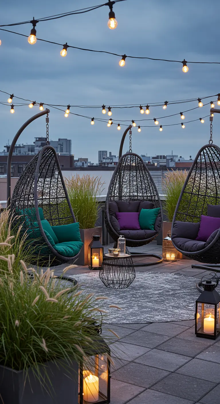 Drie zwarte eivormige hangstoelen op dakterras met siergrassen en lichtslingers.