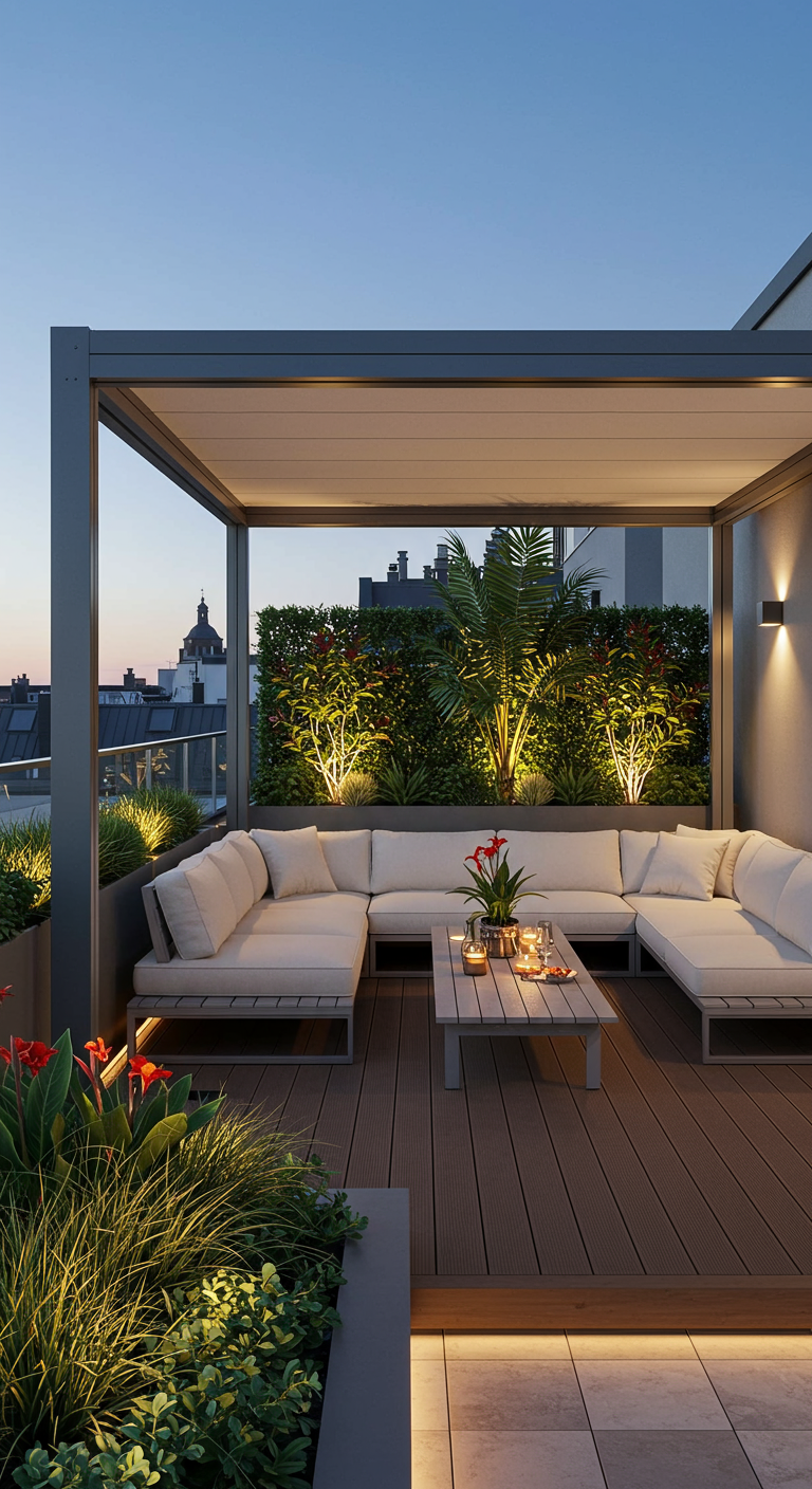 Luxe dakterras met pergola, witte loungebank, veel tropische planten en sfeerverlichting.