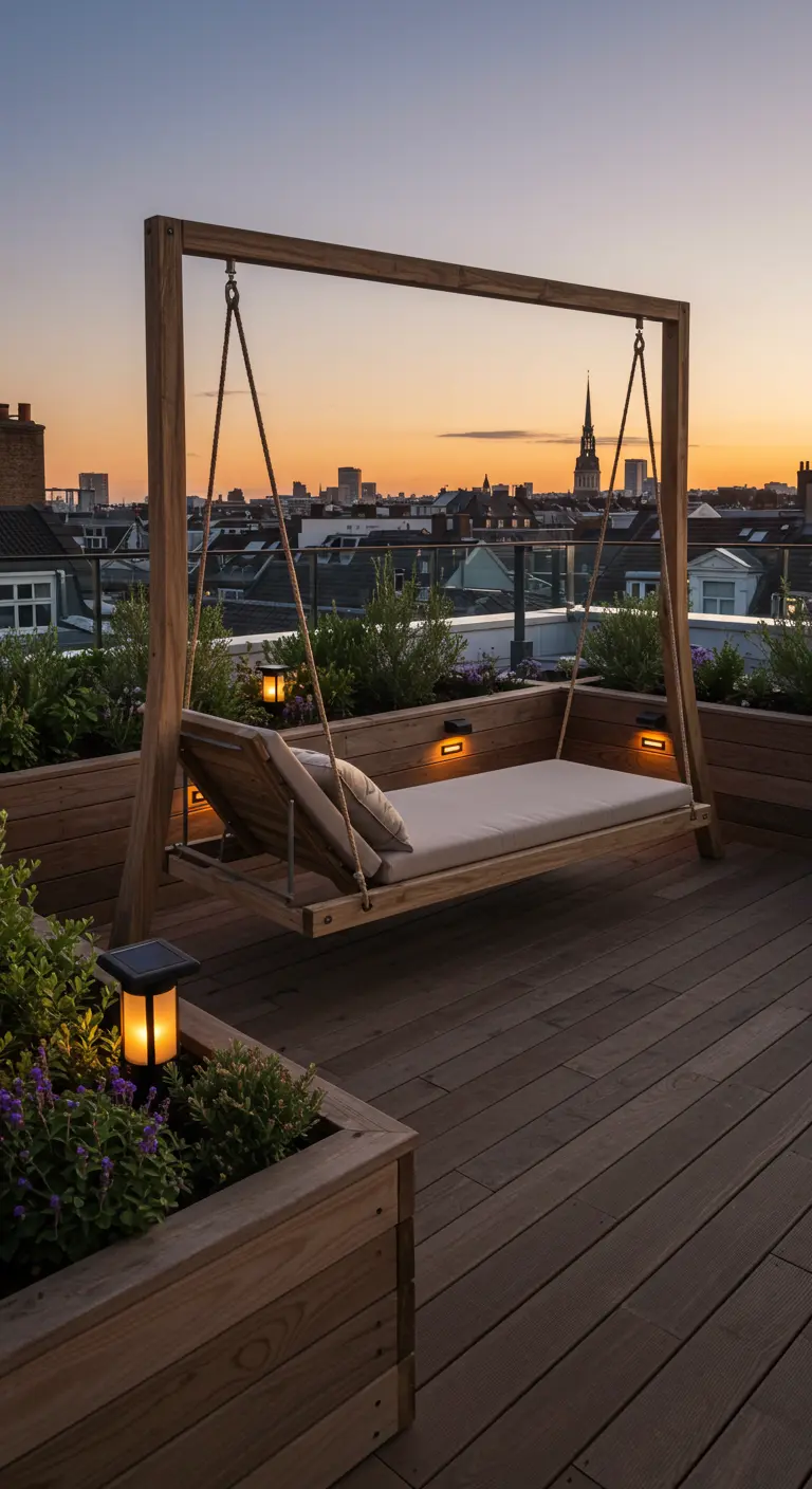 Modern houten schommelbed op dakterras met stadszicht en plantenbakken.
