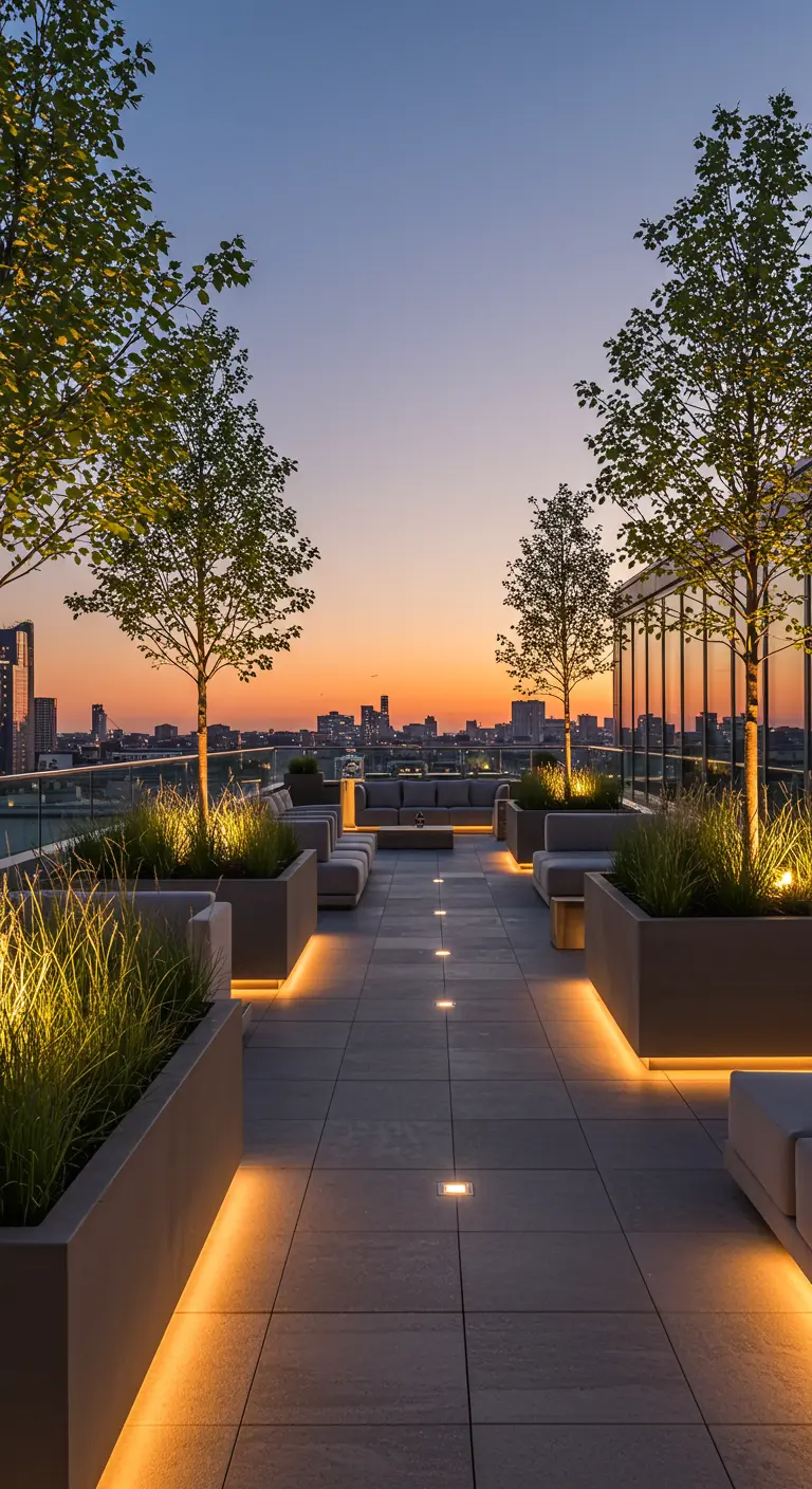 Ruim dakterras met symmetrisch geplaatste loungebanken, plantenbakken met bomen, en sfeerverlichting bij zonsondergang.