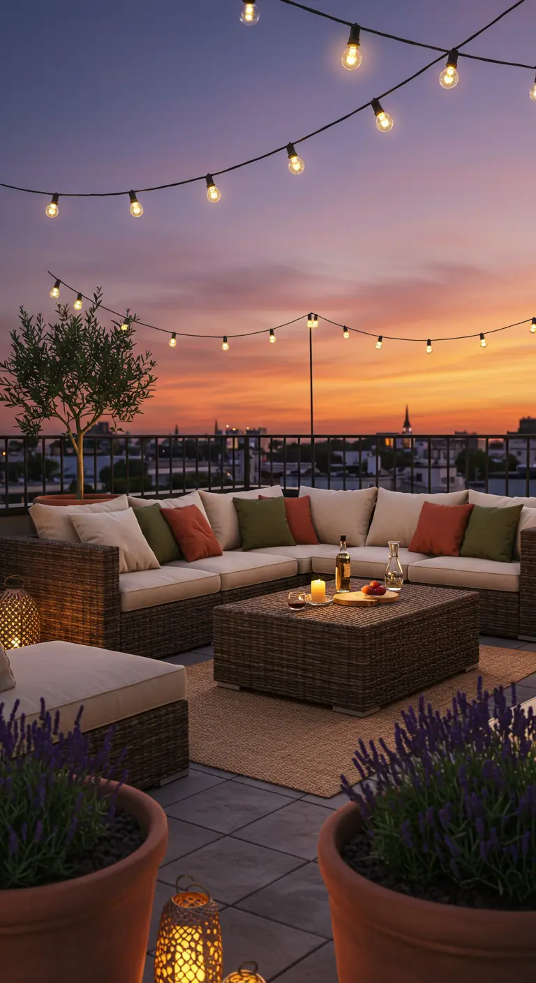 Rieten loungeset op dakterras met lichtslingers en stadszicht bij zonsondergang.