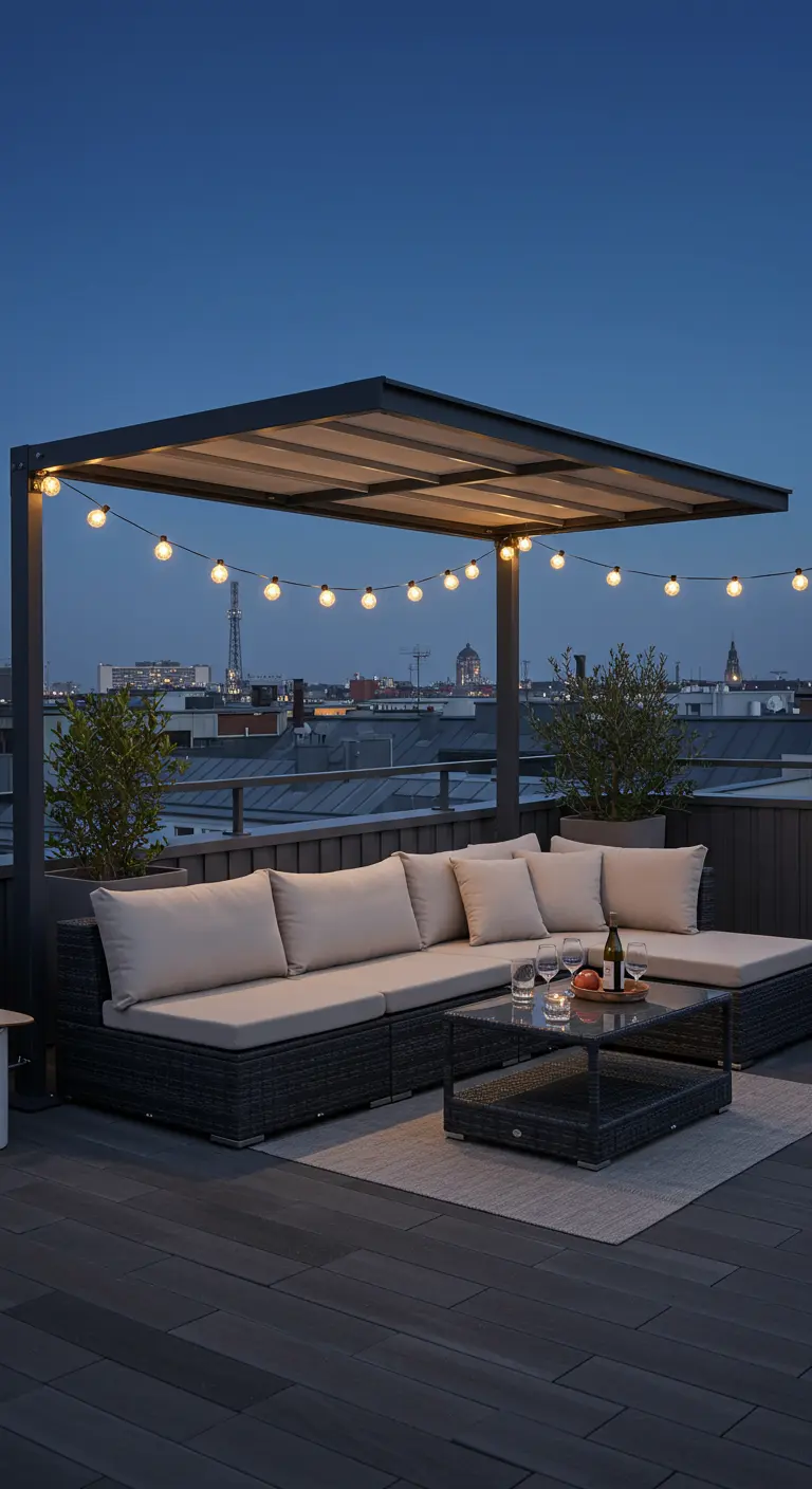 Moderne donkere polyrotan hoekbank op dakterras met pergola en lichtsnoer.