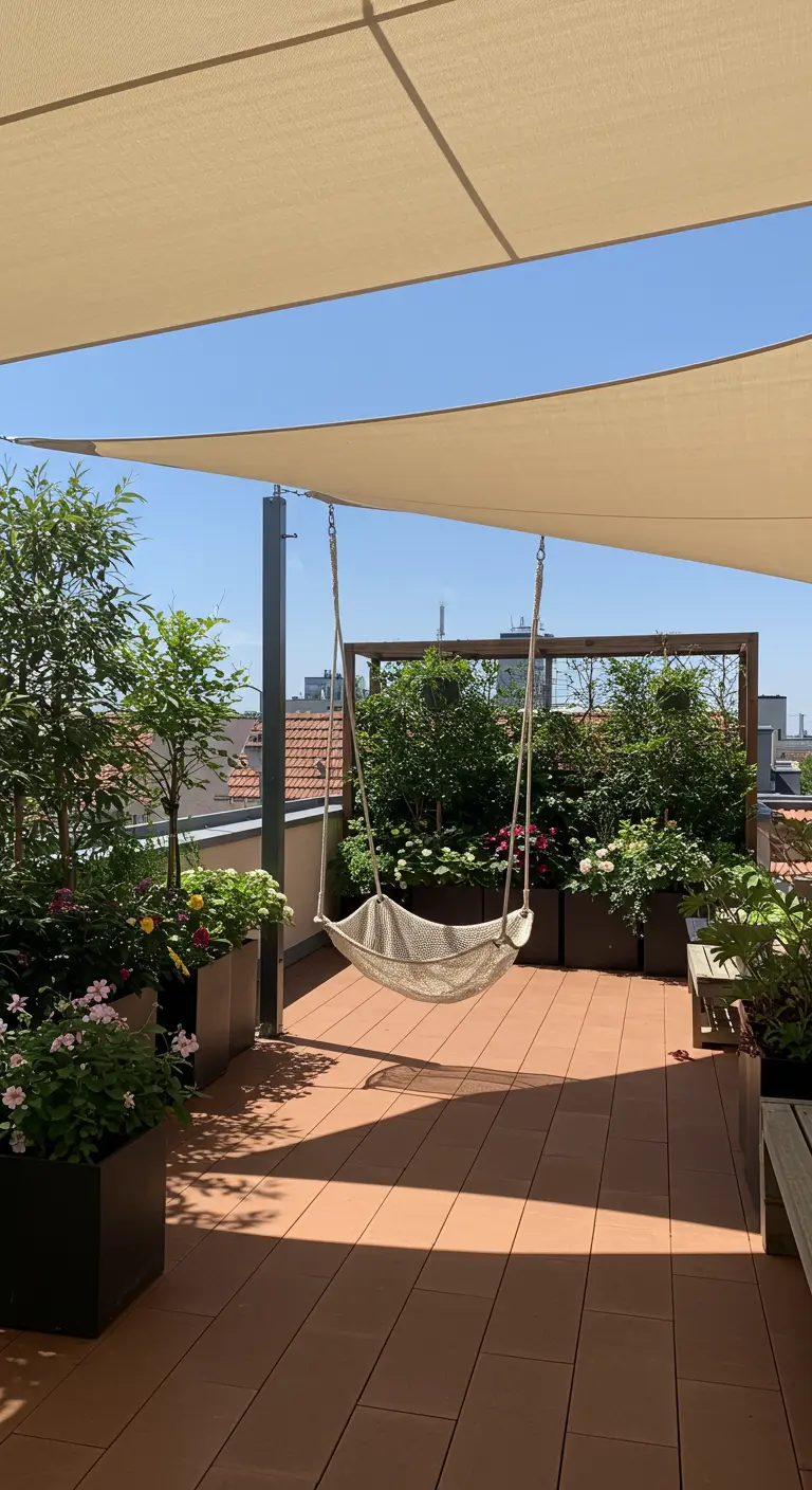 Lichte geweven hangmat onder een pergola met zonnedoek op een dakterras.