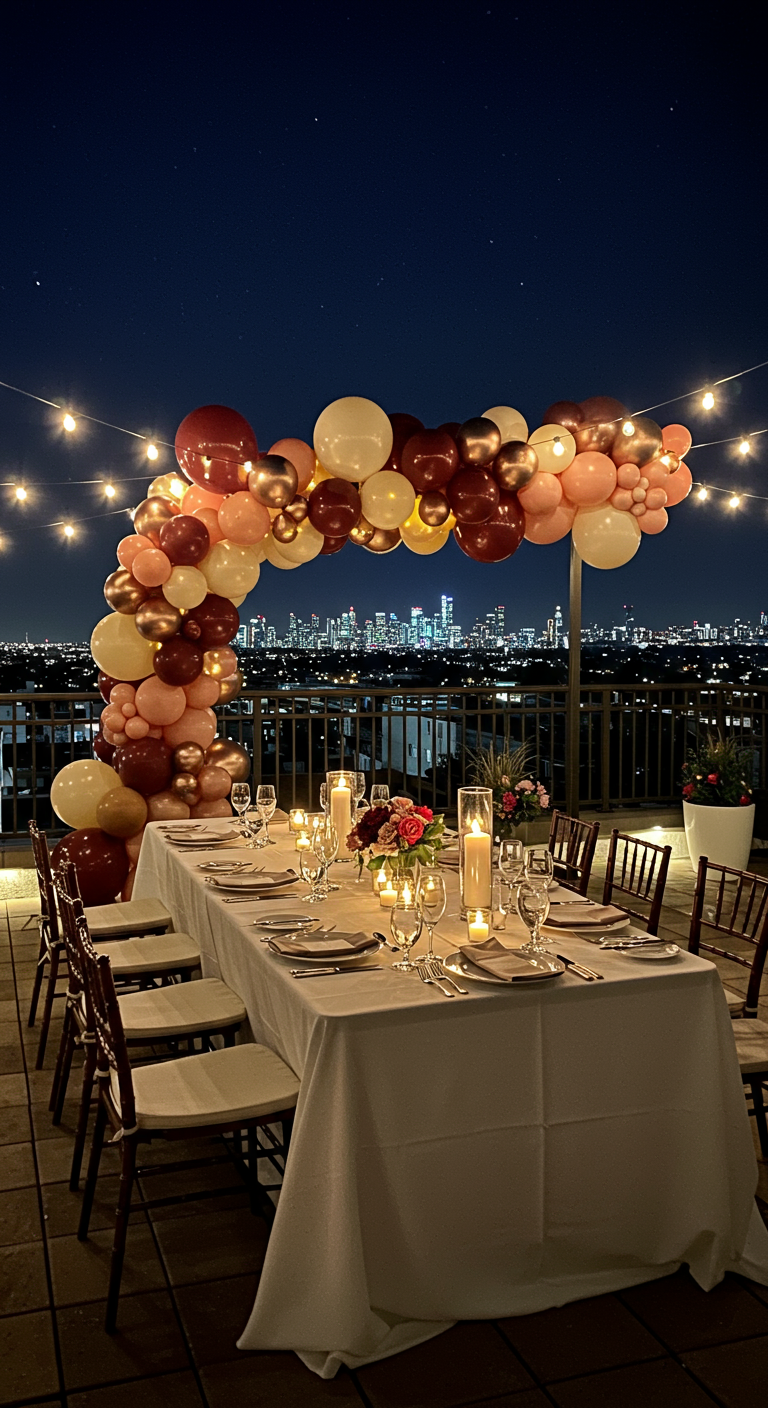 Ballonnenboog in warme tinten boven een eettafel op een dakterras bij nacht.