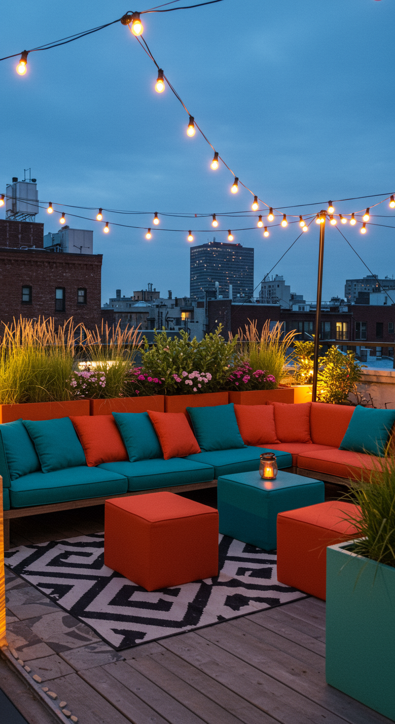 Dakterras met turquoise en oranje loungekussens en grafisch tapijt.