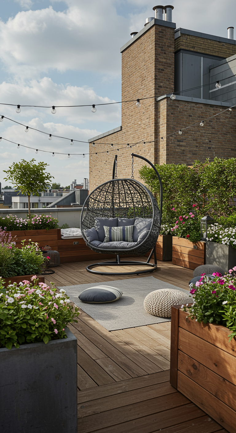 Ruim dakterras met hangstoel, houten vlonders, plantenbakken en lichtslinger.