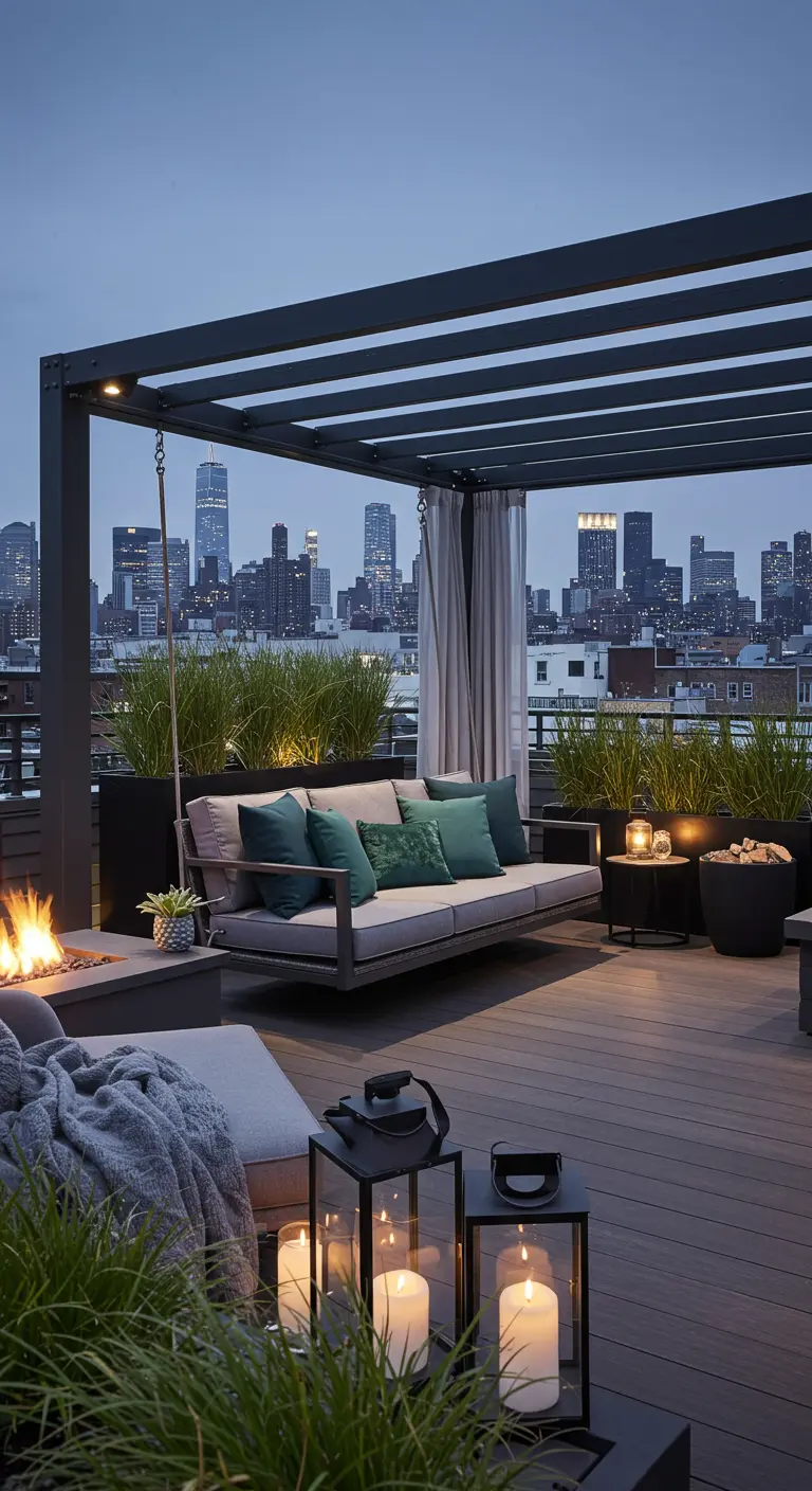 Moderne schommelbank met groene kussens op een dakterras met skyline uitzicht, onder een pergola, omringd door plantenbakken, lantaarns en een vuurplaats.