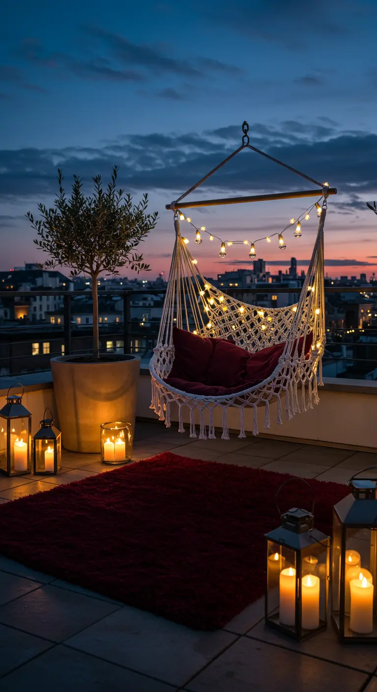 Macramé hangstoel met lichtjes op dakterras, dieprood kleed, lantaarns en uitzicht op de stad.