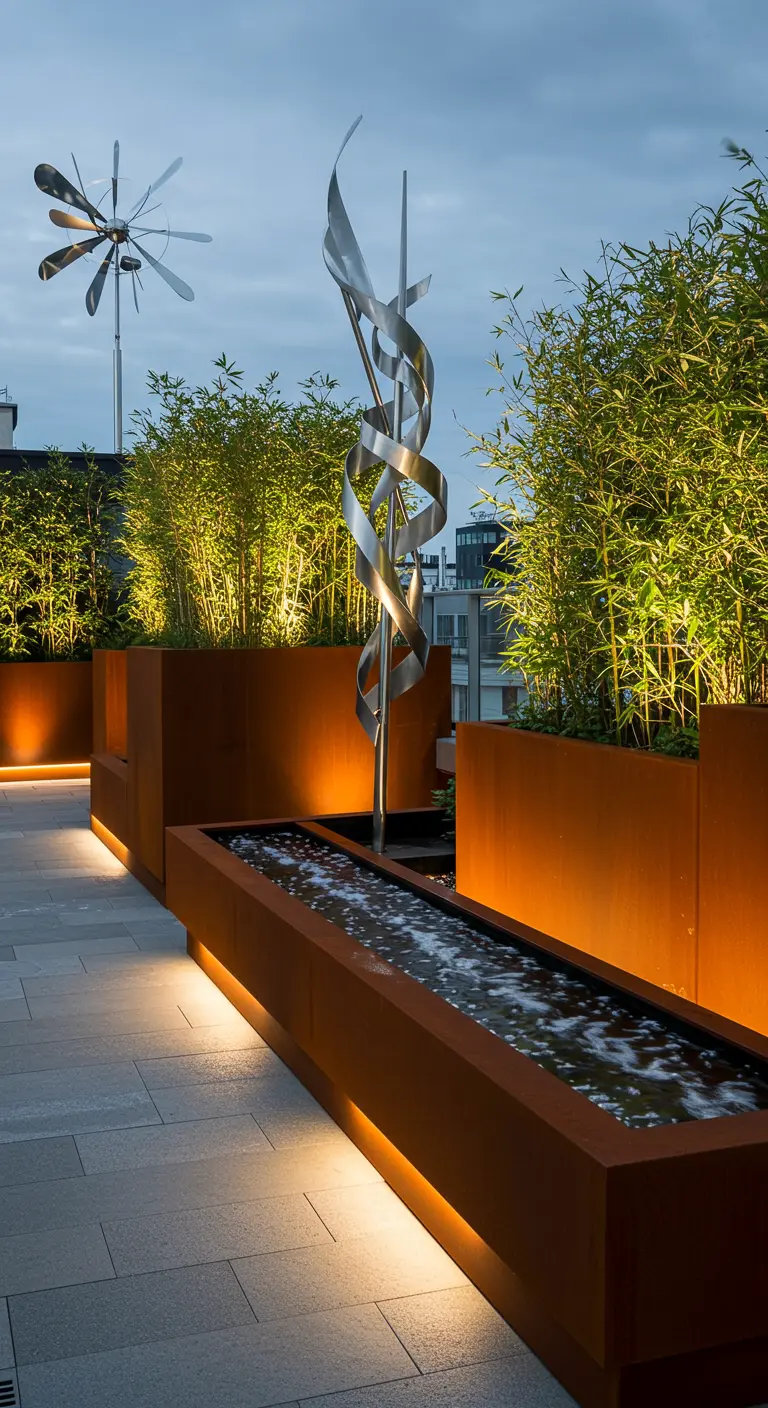 Dakterras met Corten stalen plantenbakken, metalen sculptuur, waterpartij en bamboe, verlicht.