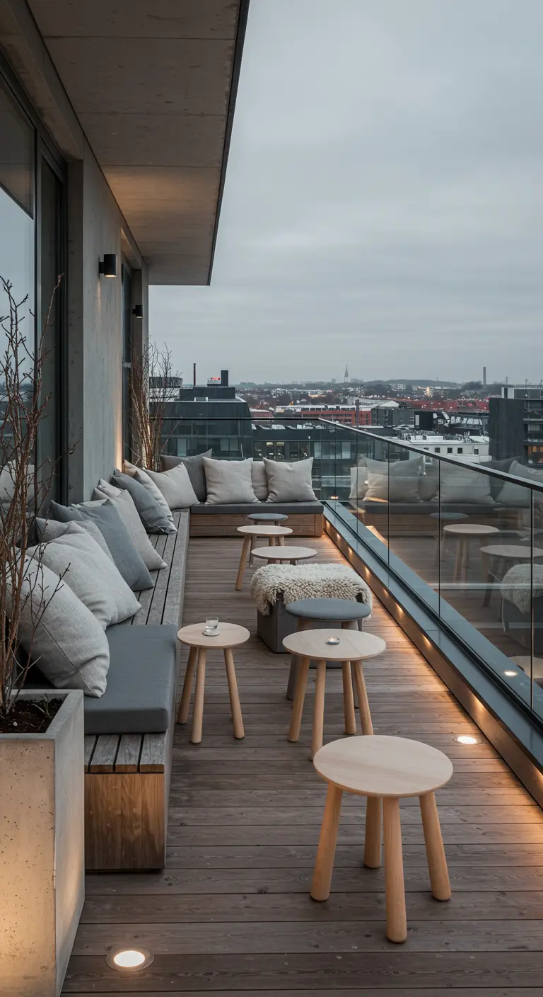 Groot dakterras met een lange houten zitbank met grijze kussens, uitzicht op de stad, en subtiele verlichting.