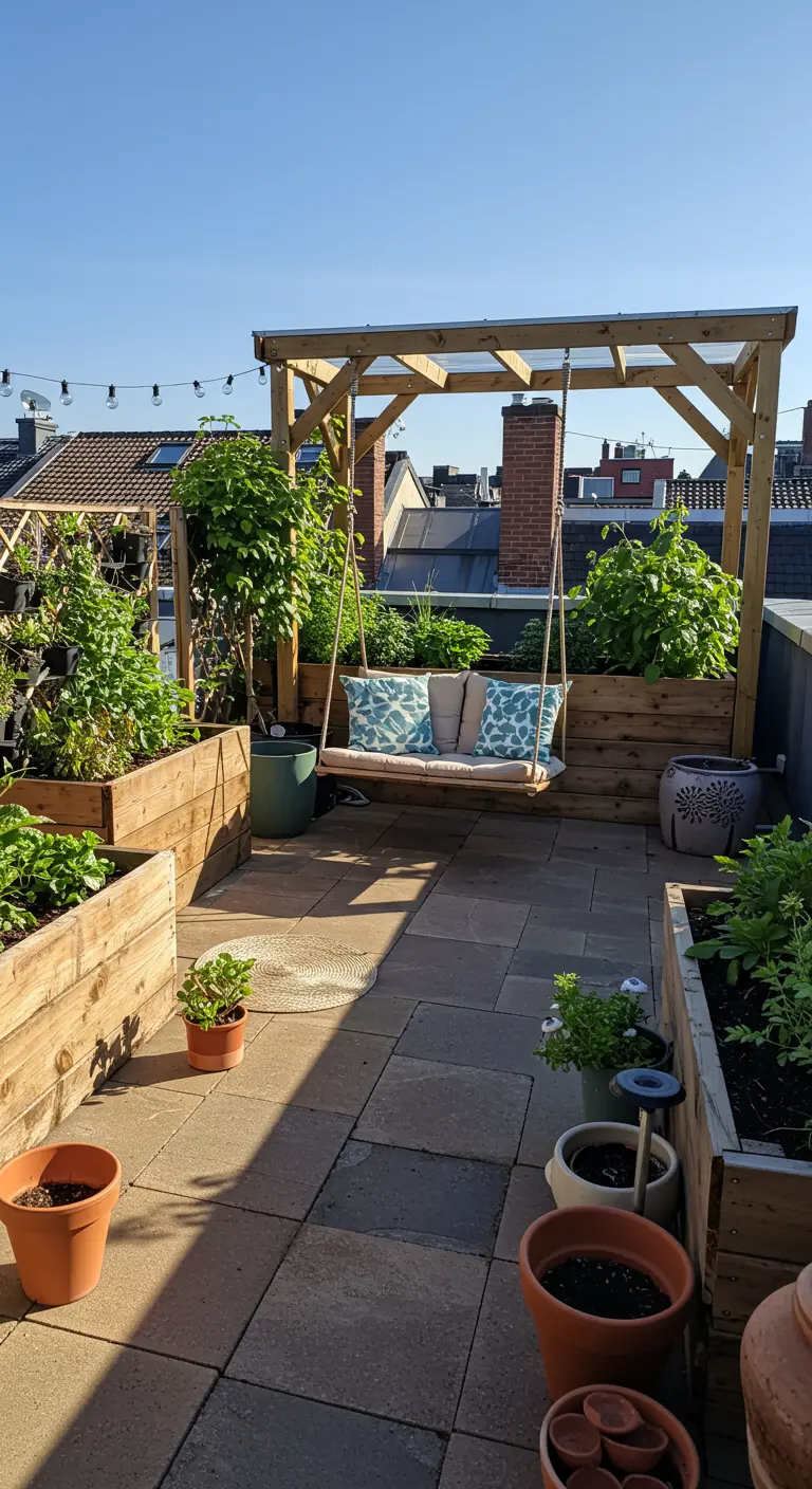 Houten schommelbank onder pergola op dakterras met houten plantenbakken.