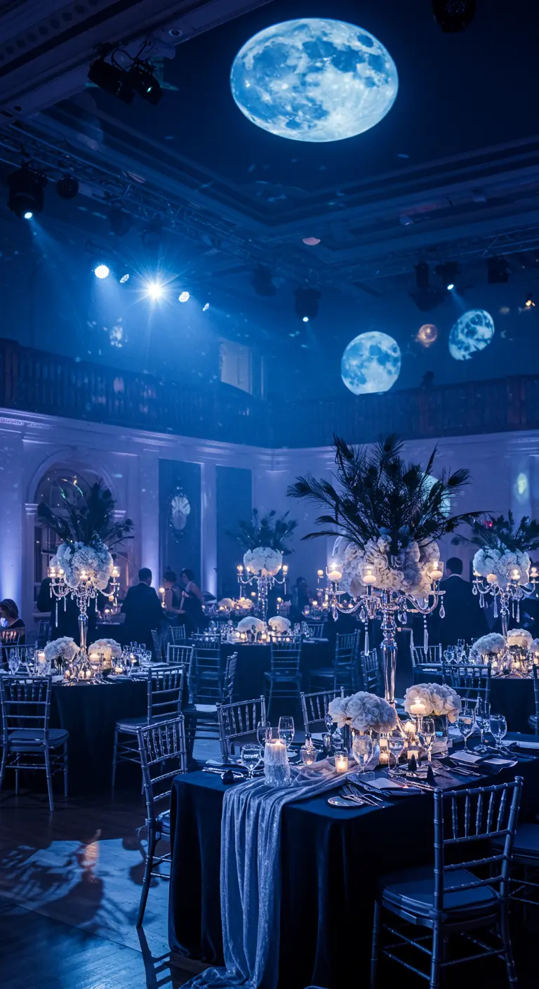 Bruiloftsreceptie met projecties van manen aan het plafond en blauwe verlichting.