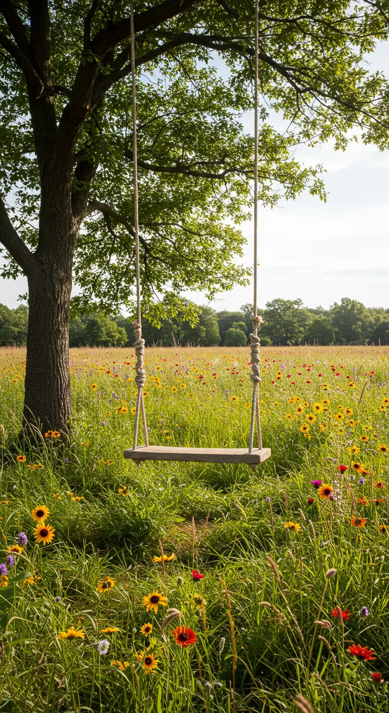 Boomstam-schommel hangend in bloemenveld onder boom op zonnige dag.