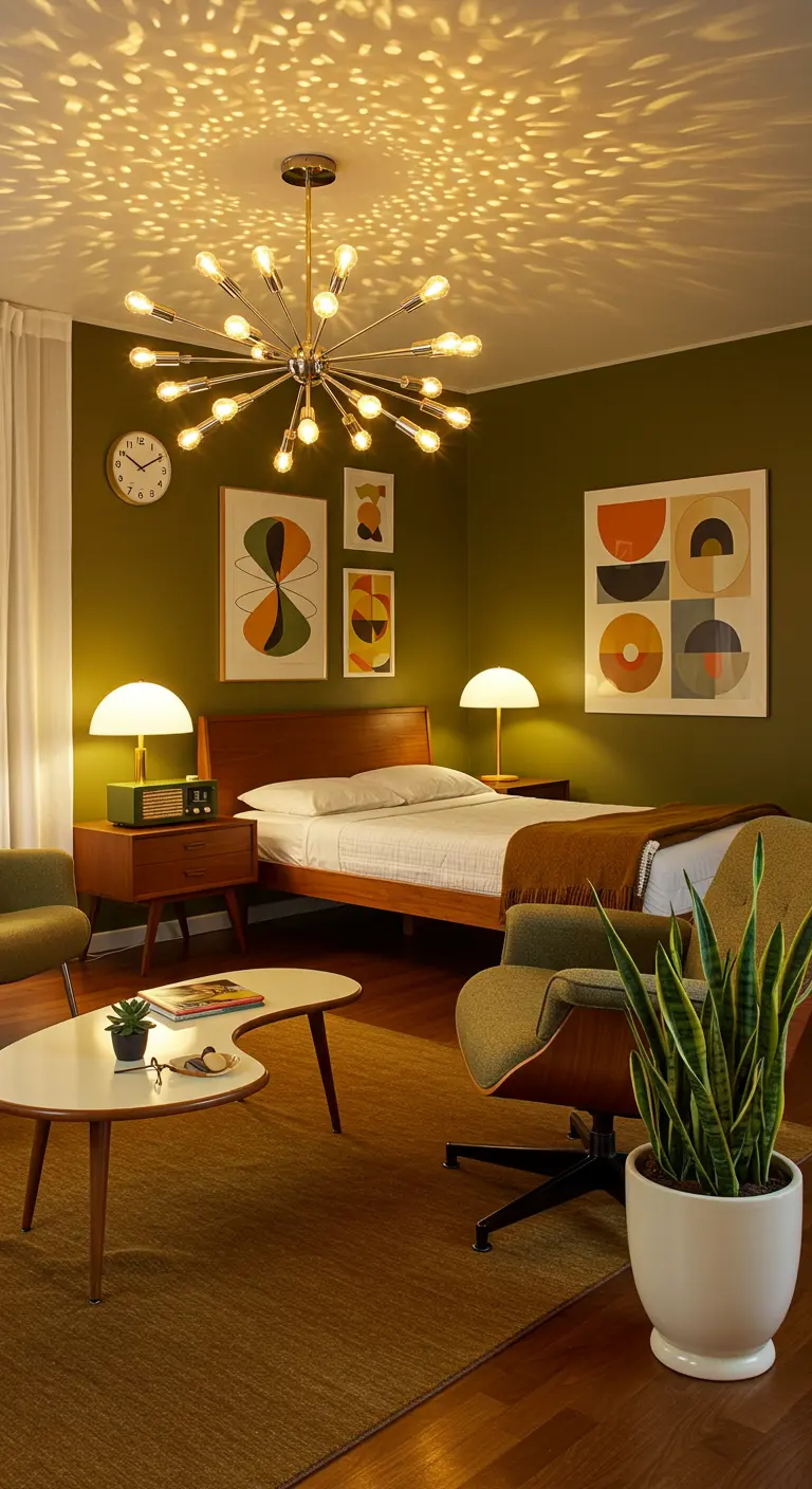 Mid-century slaapkamer met olijfgroene muren, houten meubels en een stervormige plafondlamp.