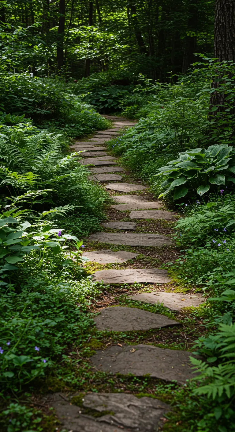 Onregelmatige flagstones als pad door een weelderige, groene bostuin.