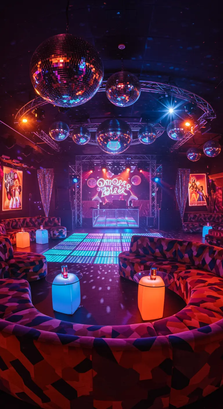 Discozaal met veel spiegelbollen, kleurrijke verlichting en lage zitmeubels.