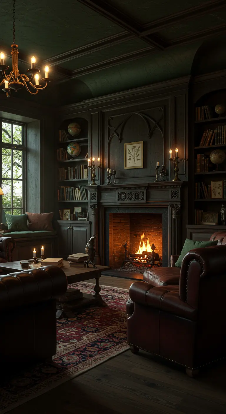 Donkere, sfeervolle woonkamer met haard, boekenkasten en leren fauteuils.