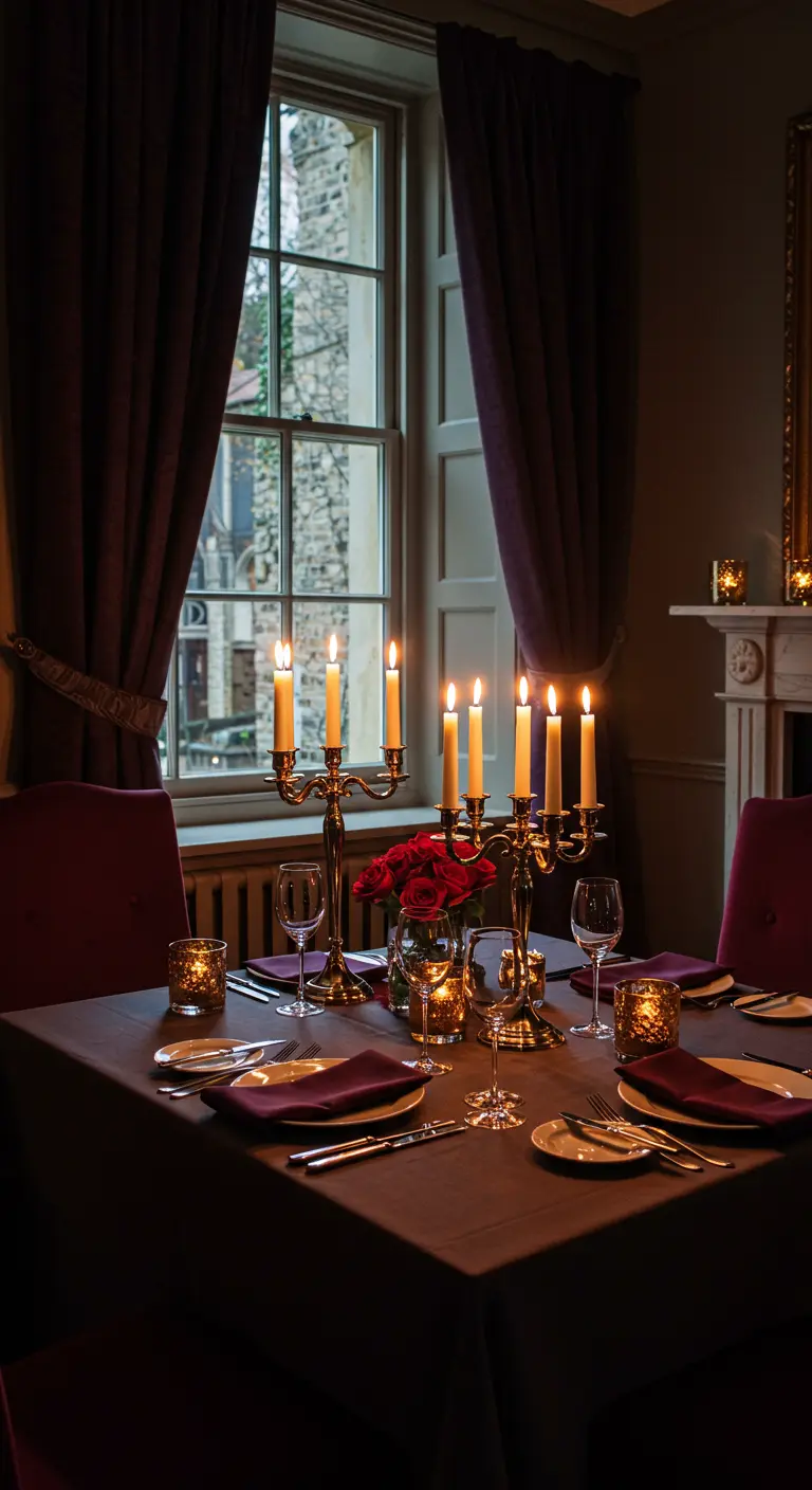 Romantisch gedekte tafel met veel kaarslicht, rode rozen en donkere kleuren.