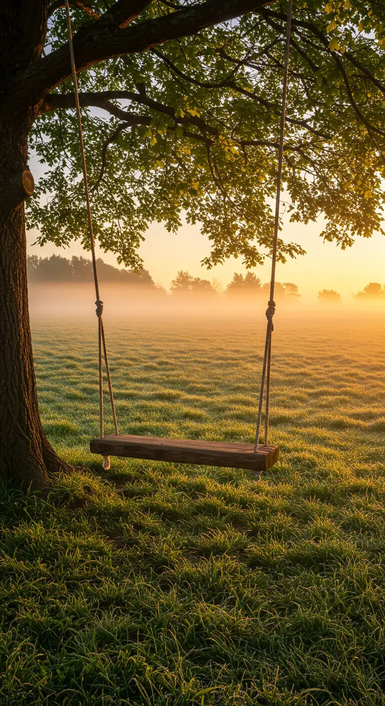 Boomstam-schommel aan boom in een mistig, dauwfris grasveld met de zon die opkomt aan de horizon.