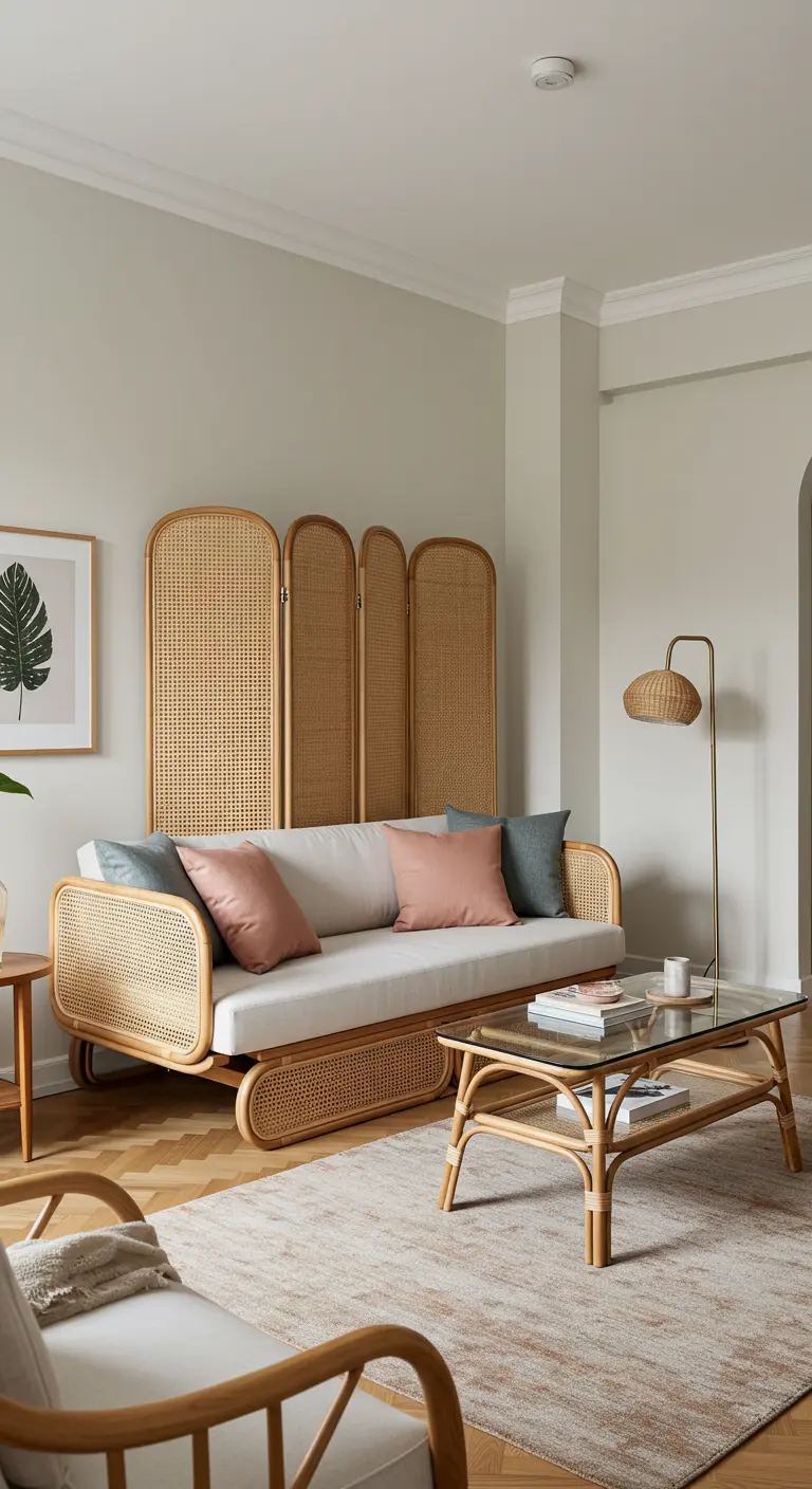 Lichte woonkamer met een rotan daybed, rotan salontafel met glasplaat en crèmekleurige textiel.