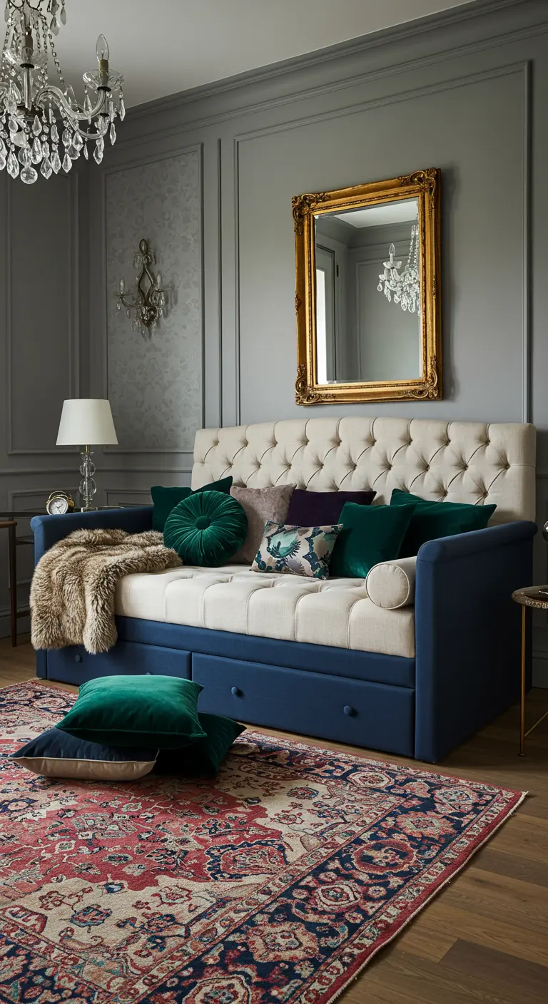 Donkerblauw daybed met beige gecapitonneerde kussens, fluwelen sierkussens en klassieke spiegel.